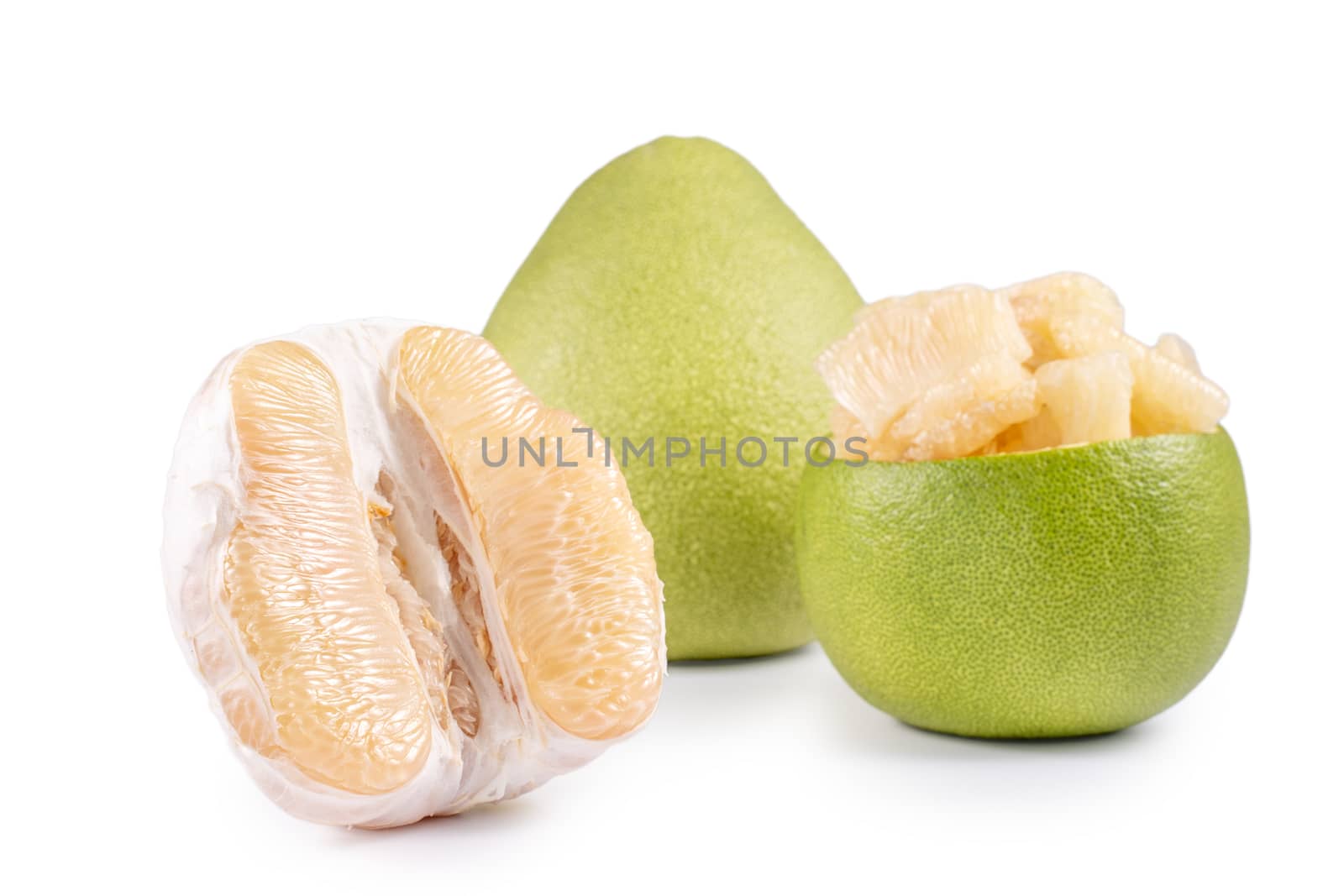 Fresh pomelo, pummelo, grapefruit, shaddock isolated on white background, close up, cut out, clipping path. Fruit for Mid-autumn festival.