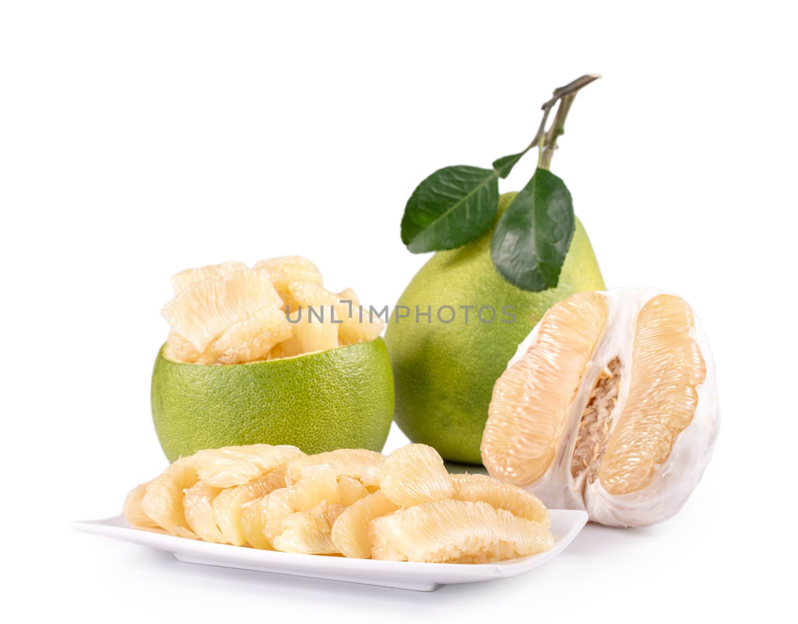 Fresh pomelo, pummelo, grapefruit, shaddock isolated on white background, close up, cut out, clipping path. Fruit for Mid-autumn festival.