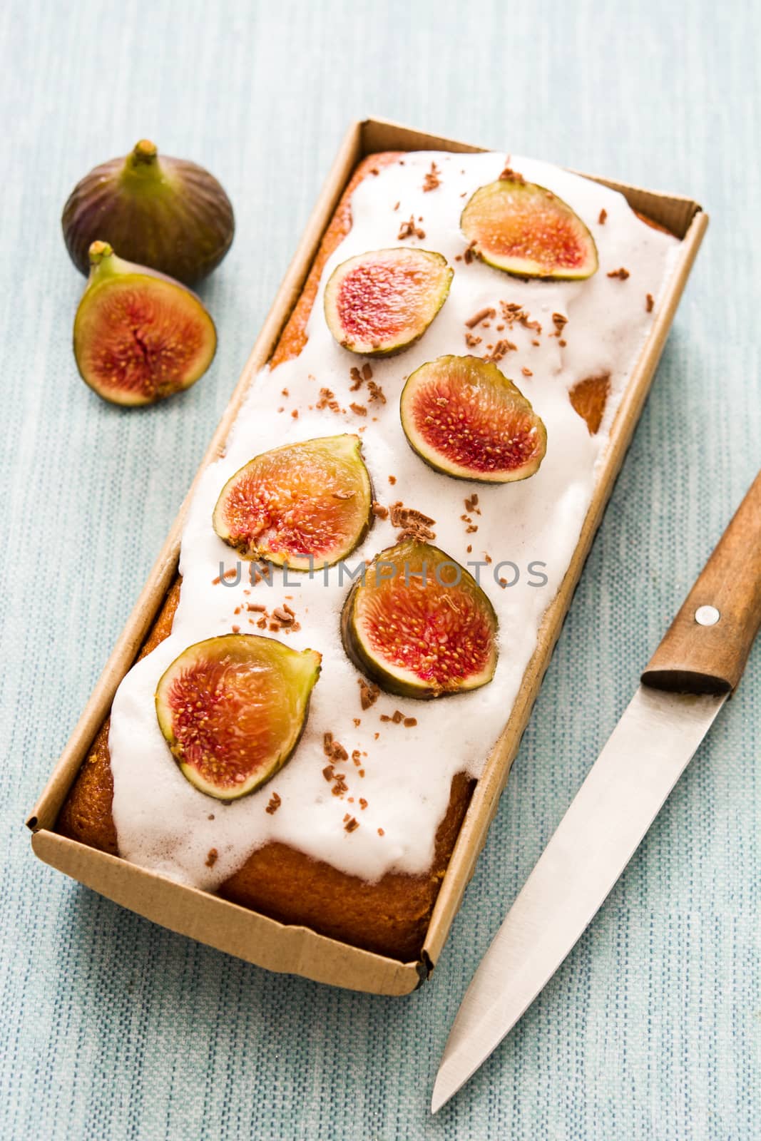 Delicious fig cake on blue background by chandlervid85