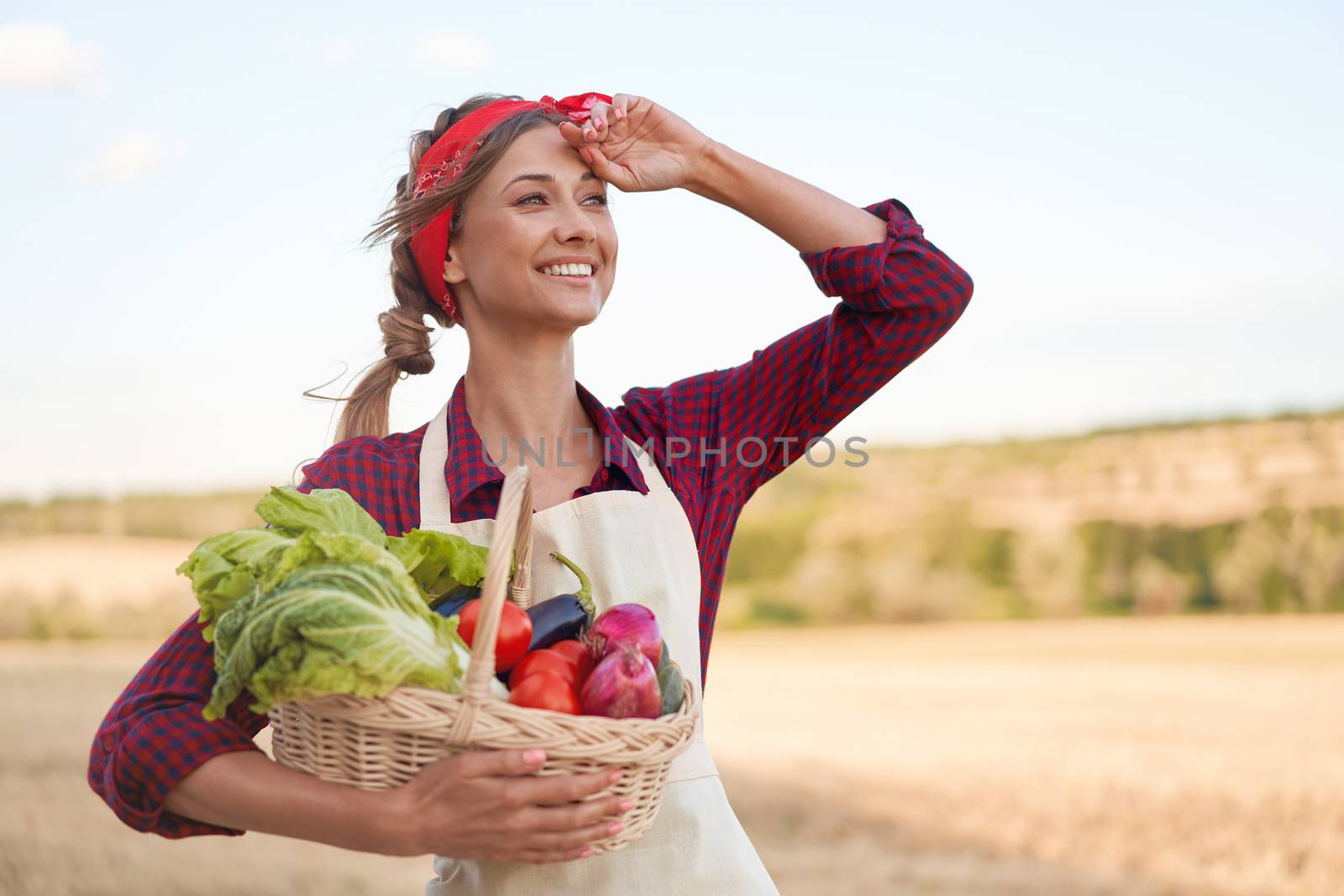 Woman farmer holding basket vegetable onion tomato salad cucumber standing farmland smiling Female agronomist specialist farming agribusiness Pretty girl dressed red checkered shirt and bandana