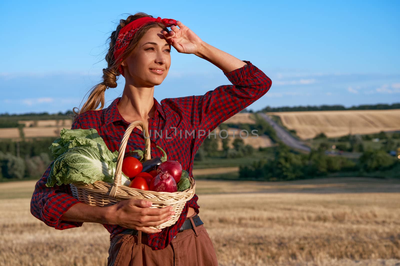 Woman farmer holding basket vegetable onion tomato salad cucumber standing farmland smiling Female agronomist specialist farming agribusiness Pretty girl dressed red checkered shirt and bandana