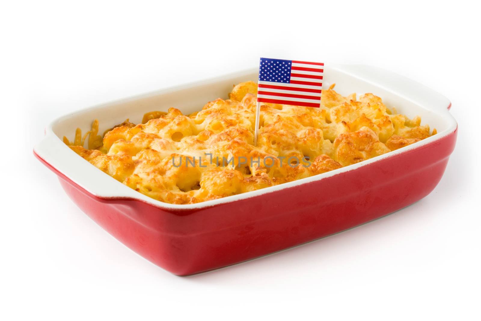 Typical American macaroni and cheese isolated on white background