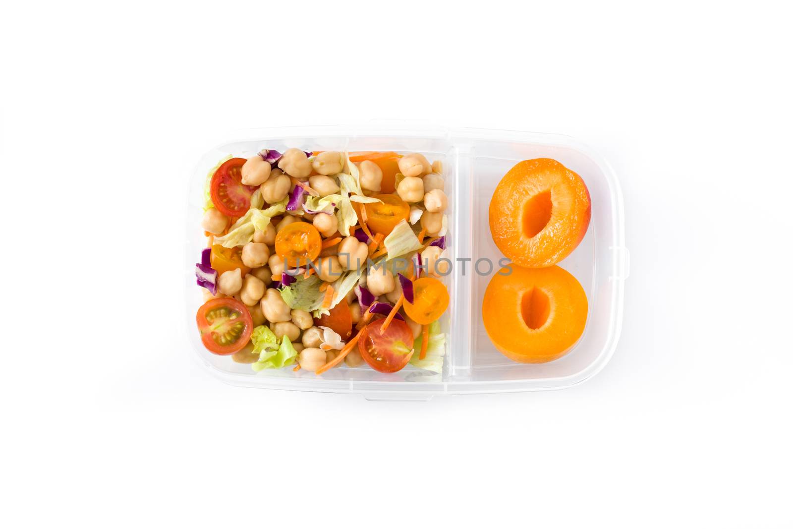 Lunch box with healthy food ready to eat. Chickpea salad isolated on white background. Top view