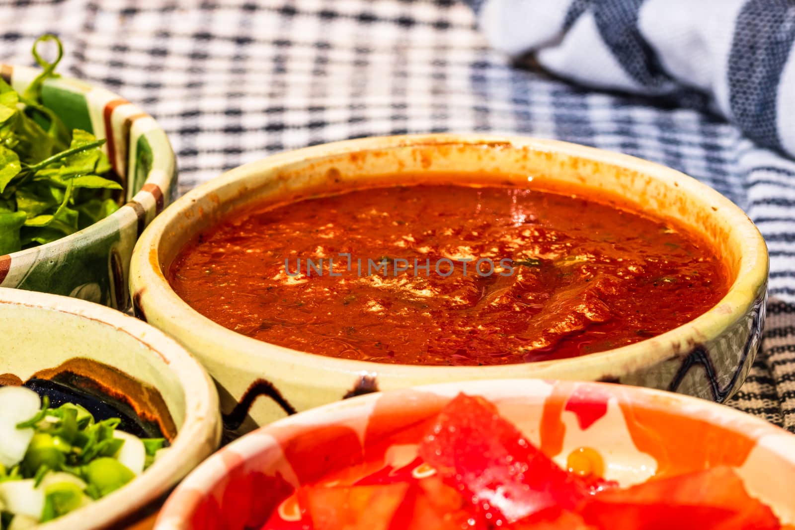 Close up of traditional rustic bowl with homemade tomatoes sauce.