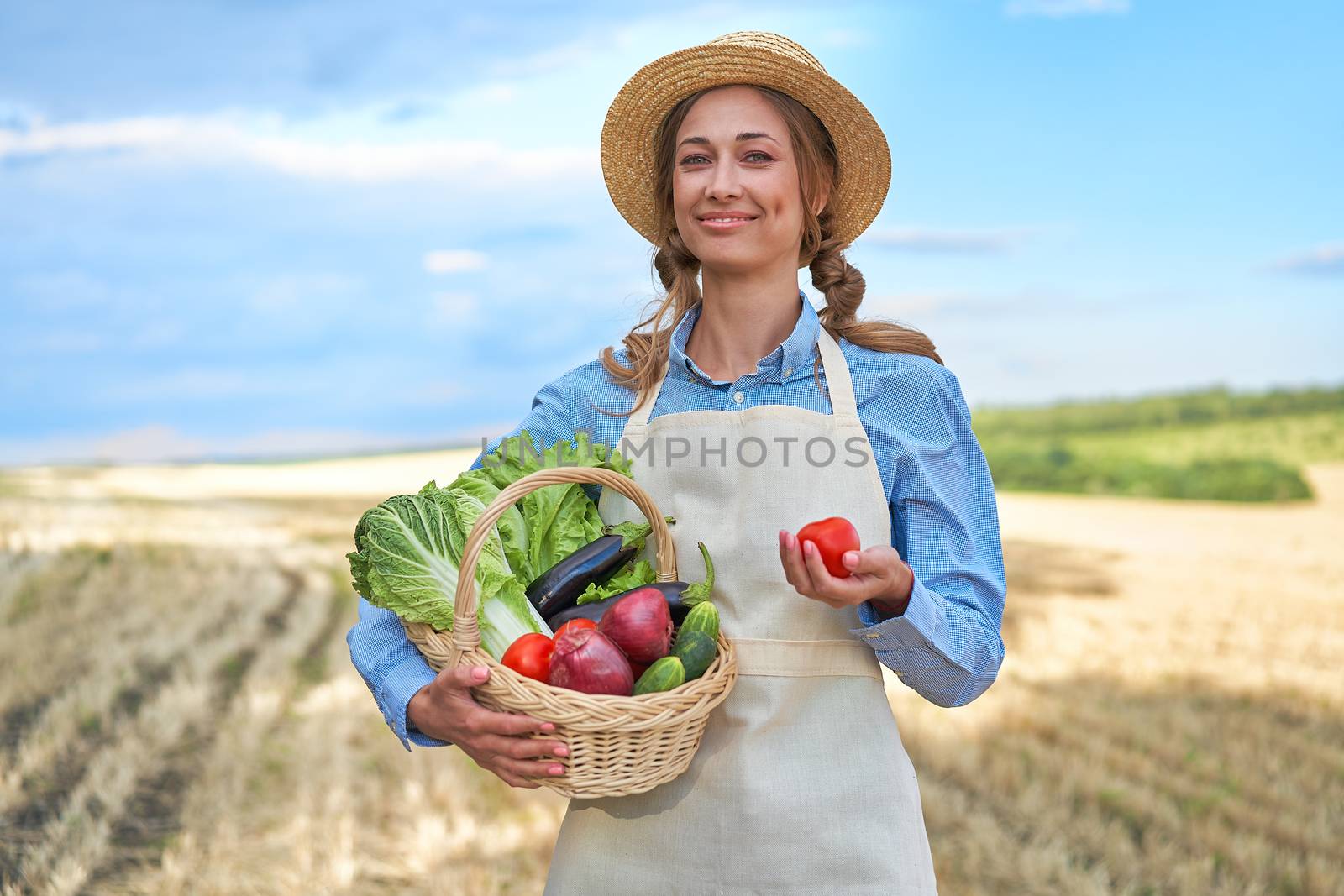 Woman farmer straw hat holding basket vegetable onion tomato salad cucumber standing farmland smiling Female agronomist specialist farming agribusiness Happy Girl dressed apron cultivated wheat field