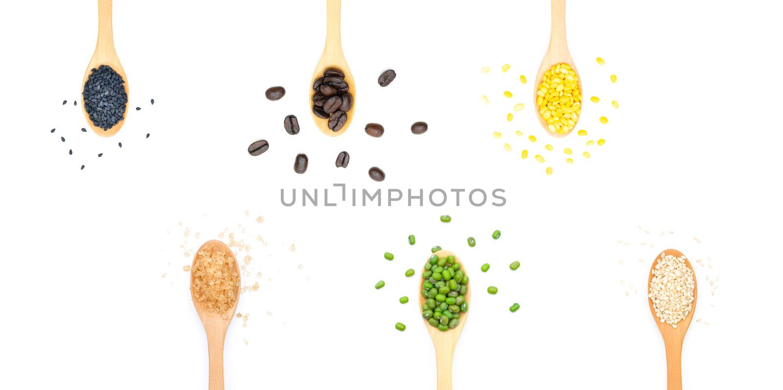 Coffee, Grains Mung bean, White and Black sesame seeds, Brown sugar in wooden scoop on white background