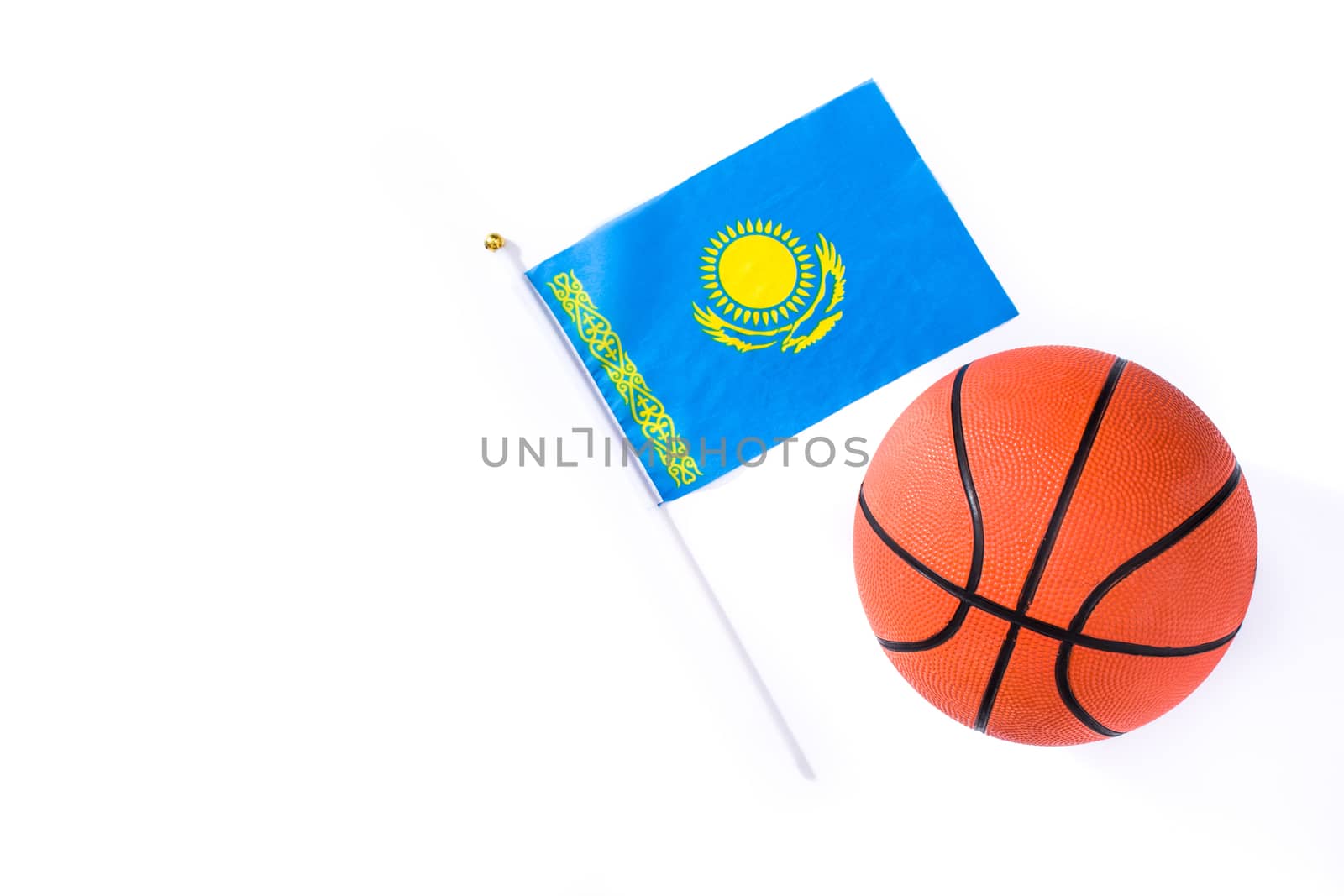 Kazakh flag and basketball isolated on white background.