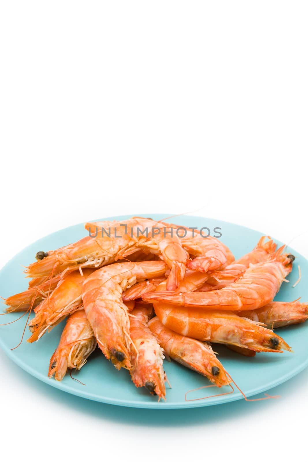 Grilled shrimps on blue plate isolated on white background by chandlervid85