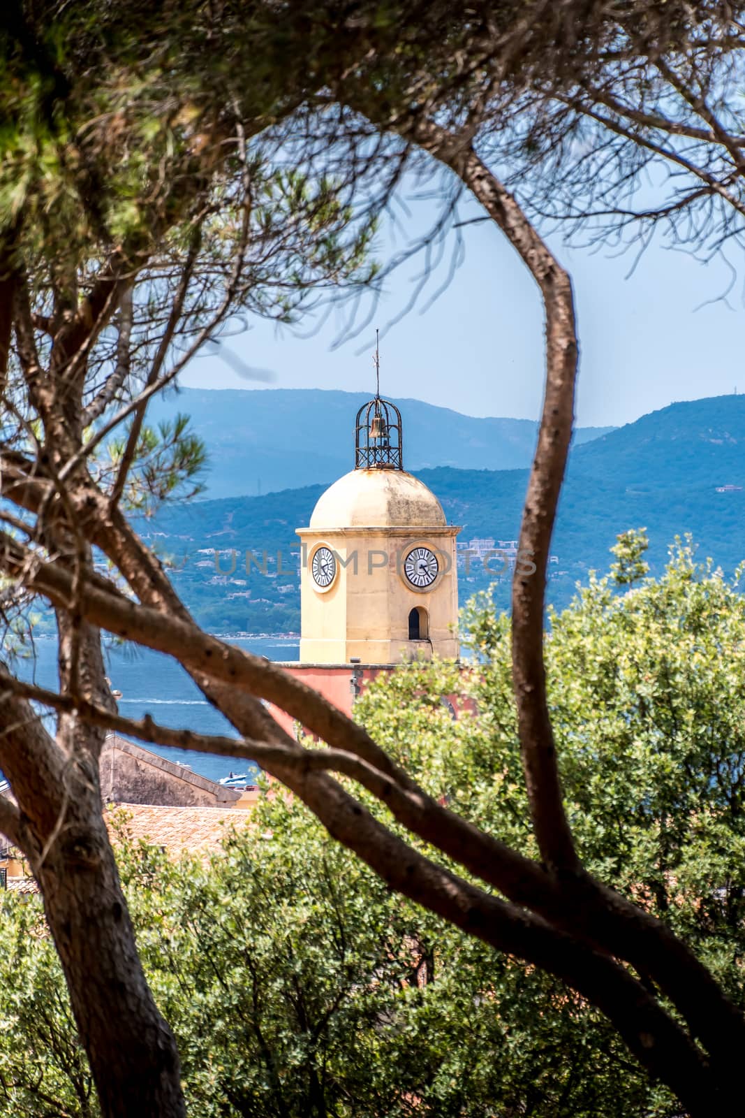 Notre-Dame-de-l'Assomption church of Saint-Tropez on blue sky in France