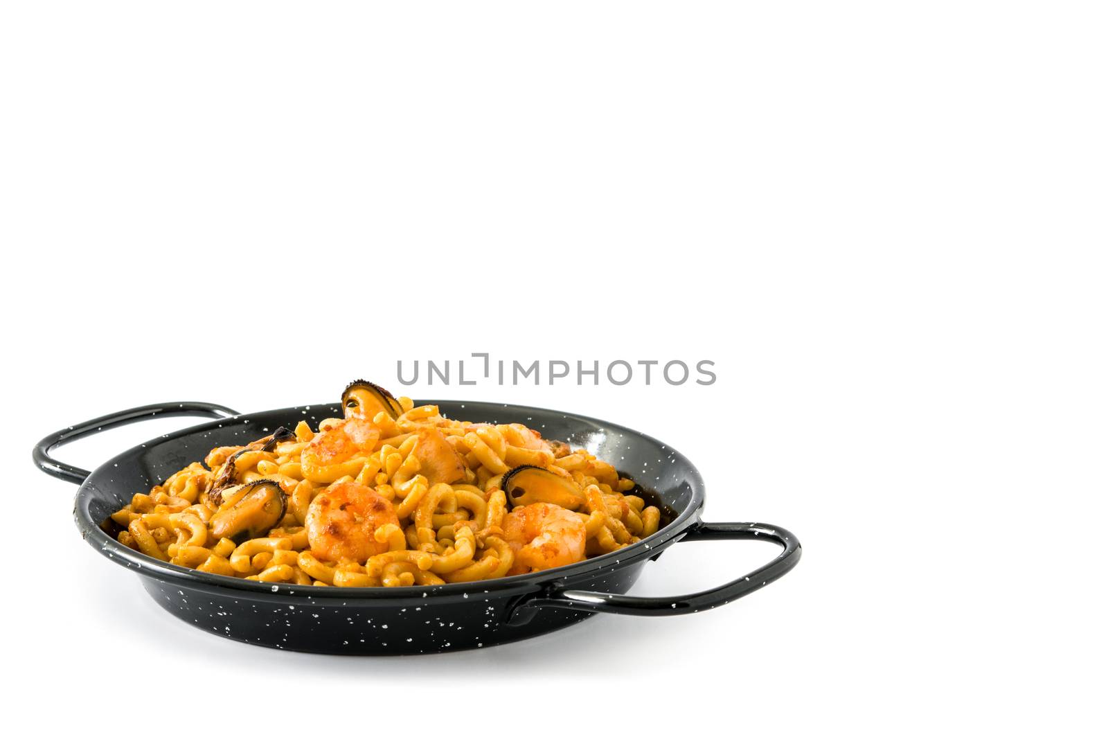 Traditional Spanish fideua. Noodle paella isolated on white background. by chandlervid85