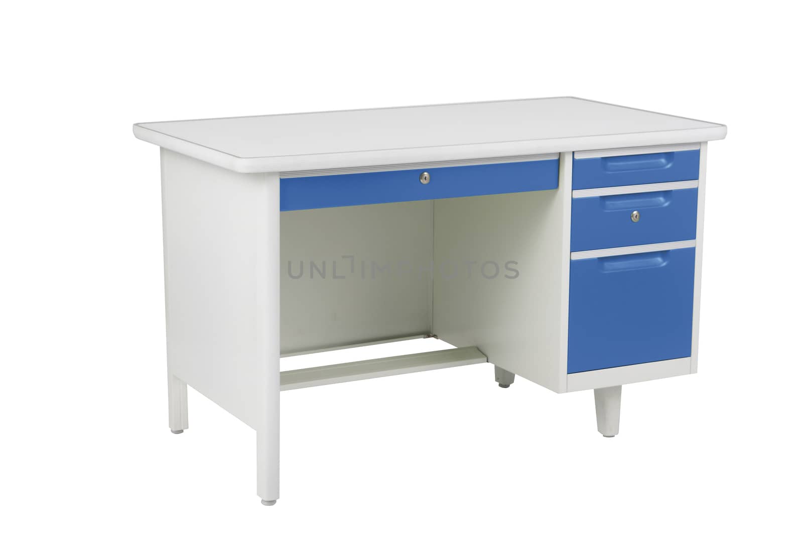 Blue and white steel office table with drawers furniture isolated on white background.