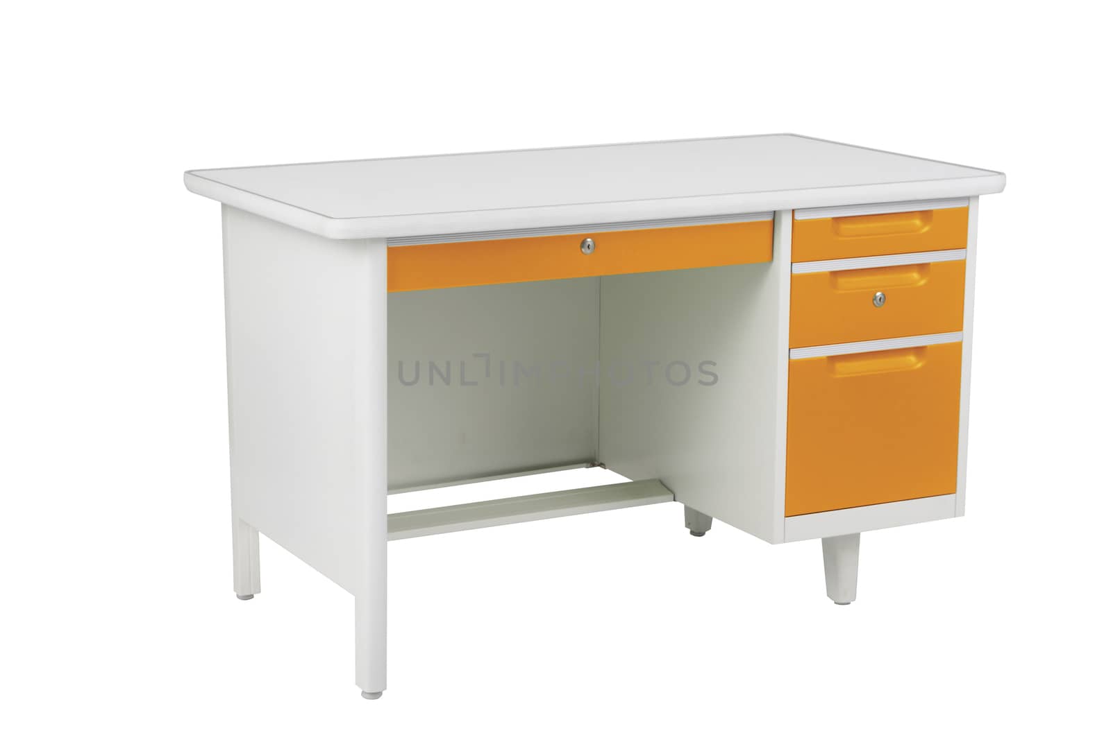 Orange and white steel office table with drawers furniture isolated on white background. by sonandonures