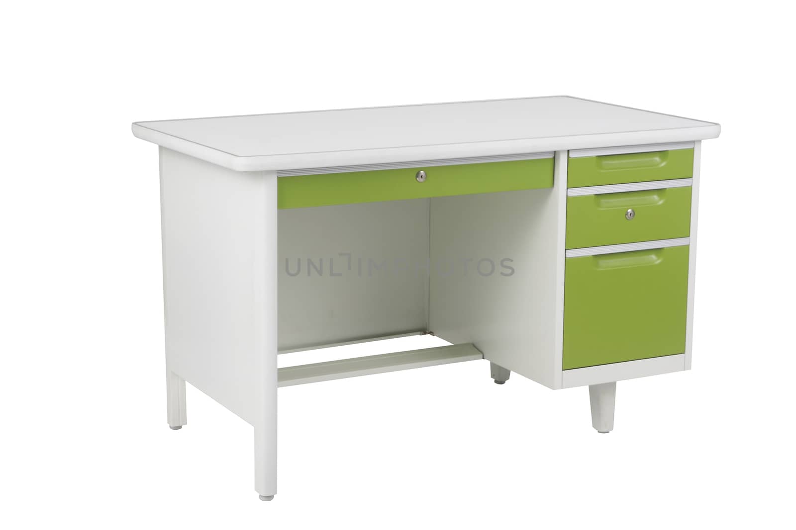 Green and white steel office table with drawers furniture isolated on white background.