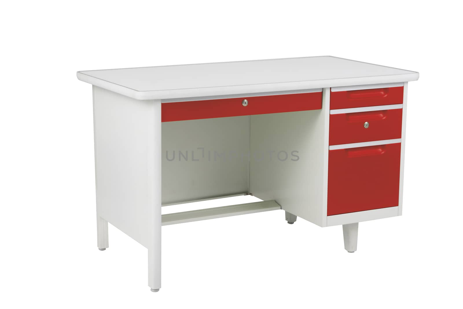 Red and white steel office table with drawers furniture isolated on white background.