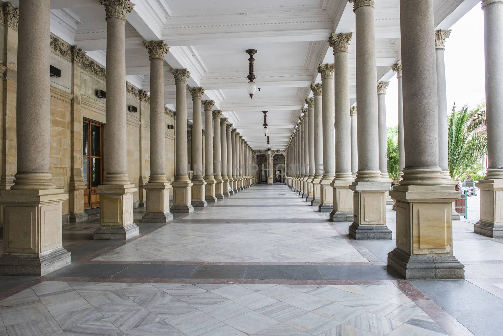 Mill colonnade (Mlynska kolonada) in Karlovy Vary spa houses various hot springs, Czech Republic