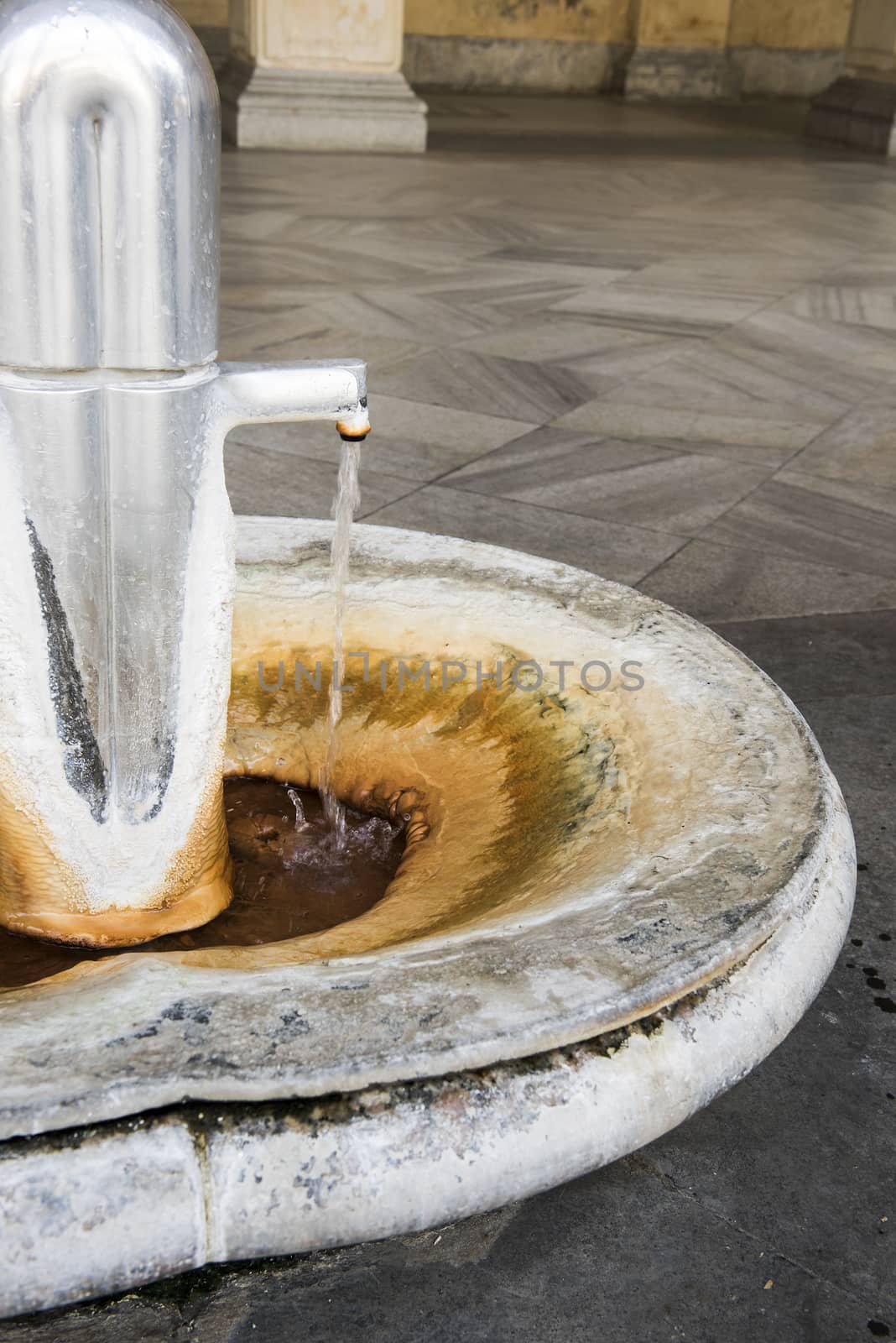 Hot mineral spring in Mill colonnade (Mlynska kolonada) in Karlovy Vary spa, Czech Republic