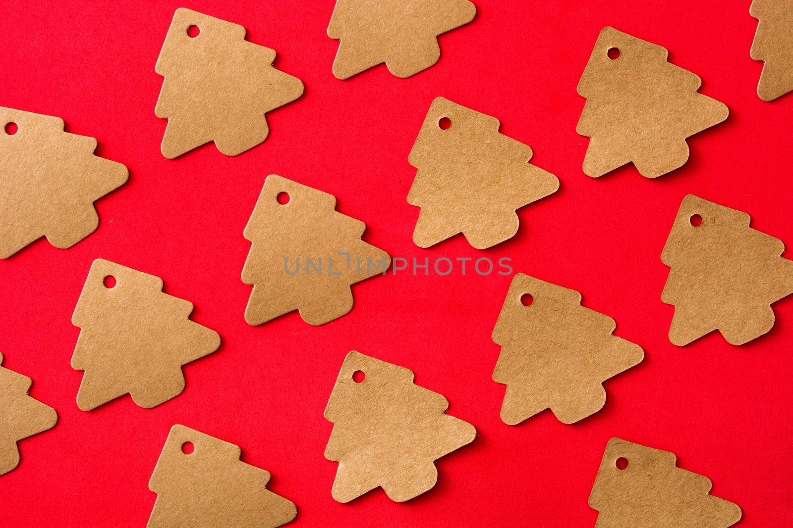 Christmas tree label pattern on red background
