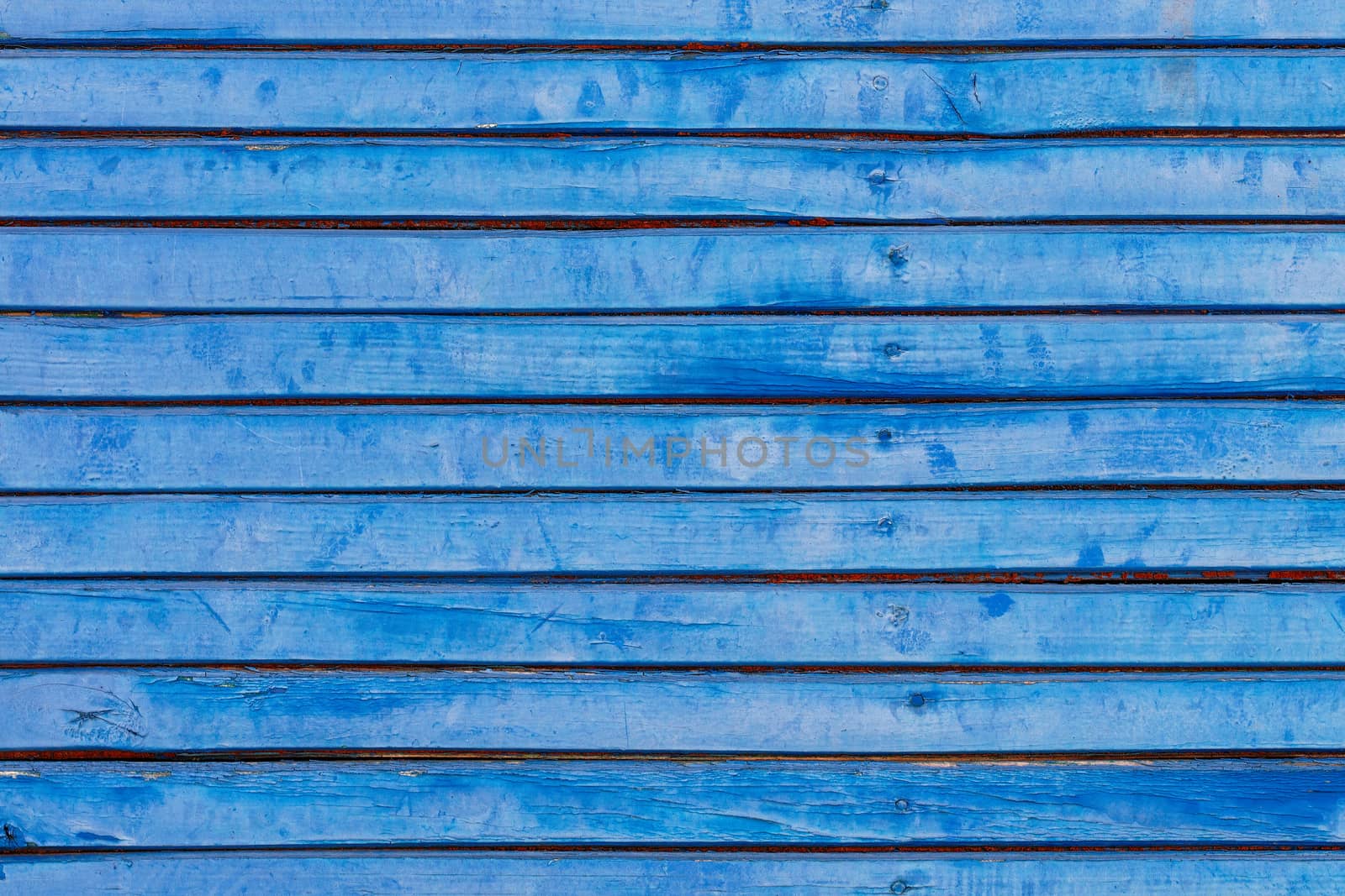 Fence from an old lining board clapboard covered with blue paint with a weathered cracked surface.