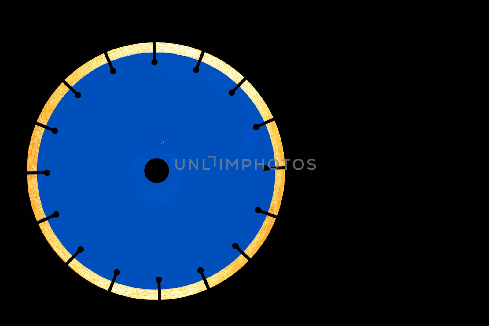Diamond blue cutting disc for cutting concrete and reinforced concrete with even segments in a circle on a black isolated background, close-up, copy space.