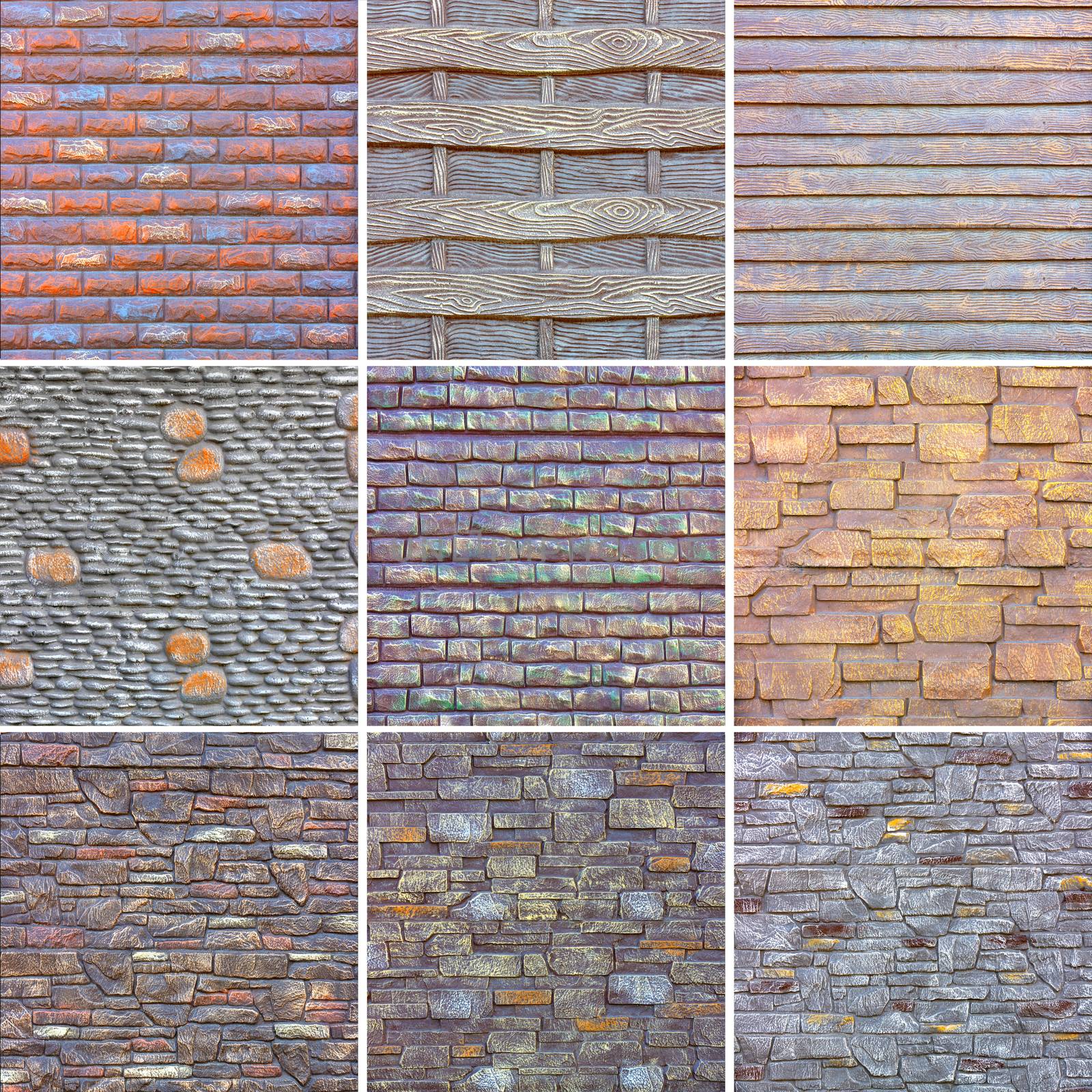 Collage of various square stone and concrete textures for decorative outdoor decoration. High resolution textures, close-up, copy space.