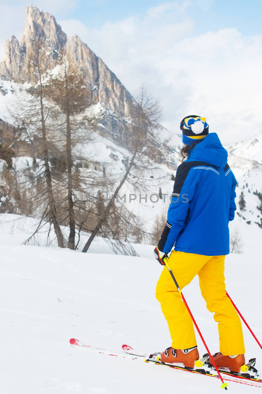Skier with looking at mountain landscape by destillat