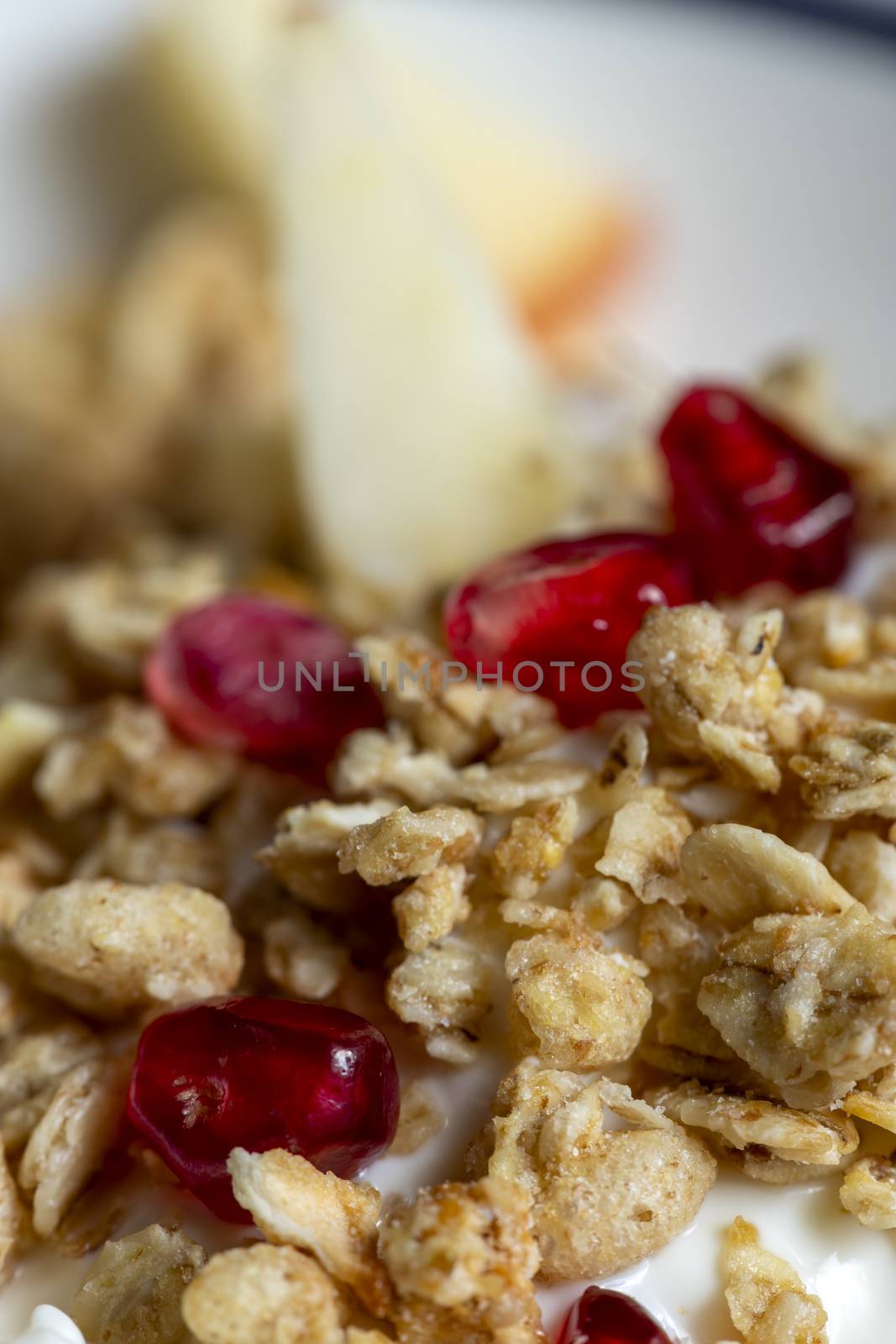 closeup of a muesli on yoghurt with pomegranate by bernjuer