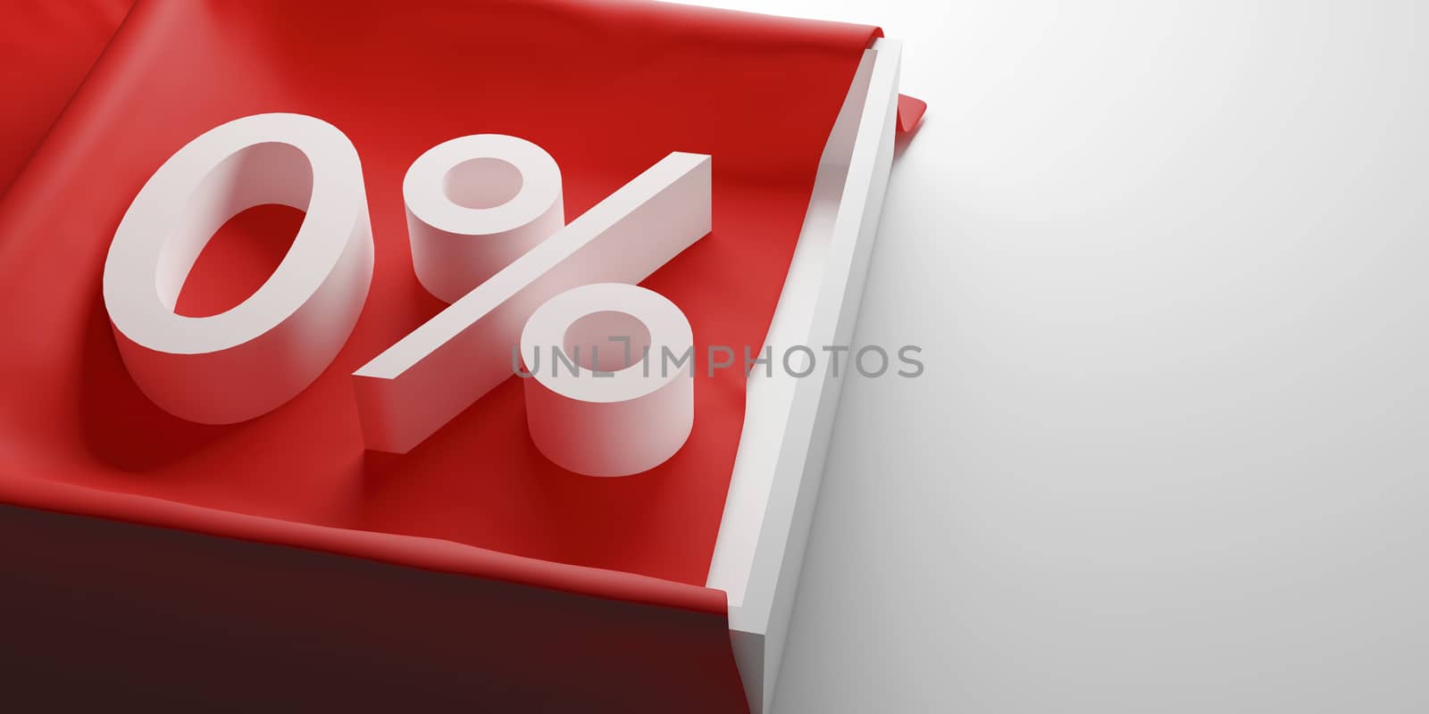 Zero percent or 0% on red cloth in the white box 3D render by Myimagine