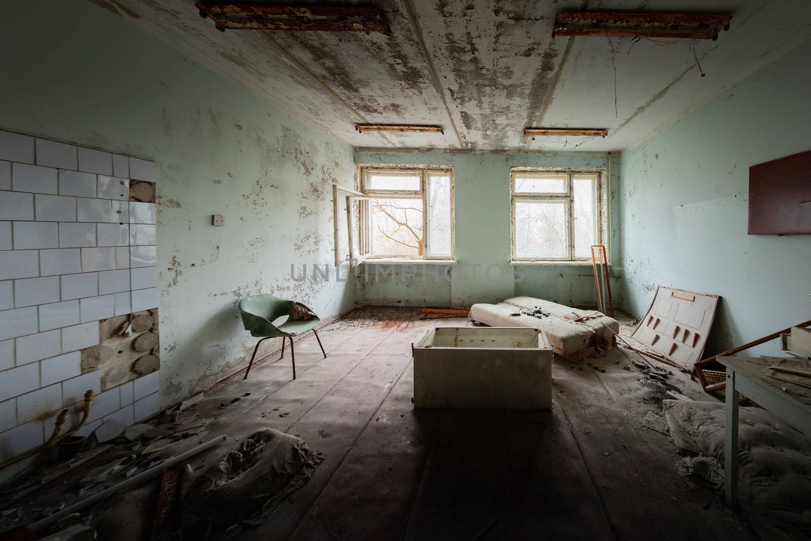 Deserted Hospital room in Pripyat, Chernobyl Excusion Zone 2019 angle shot