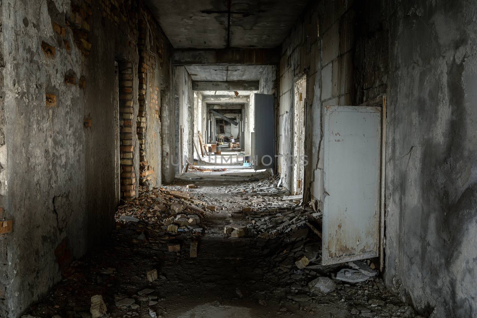 Abandoned hallway of Pripyat Hospital, Chernobyl Excusion zone 2019 angle shot