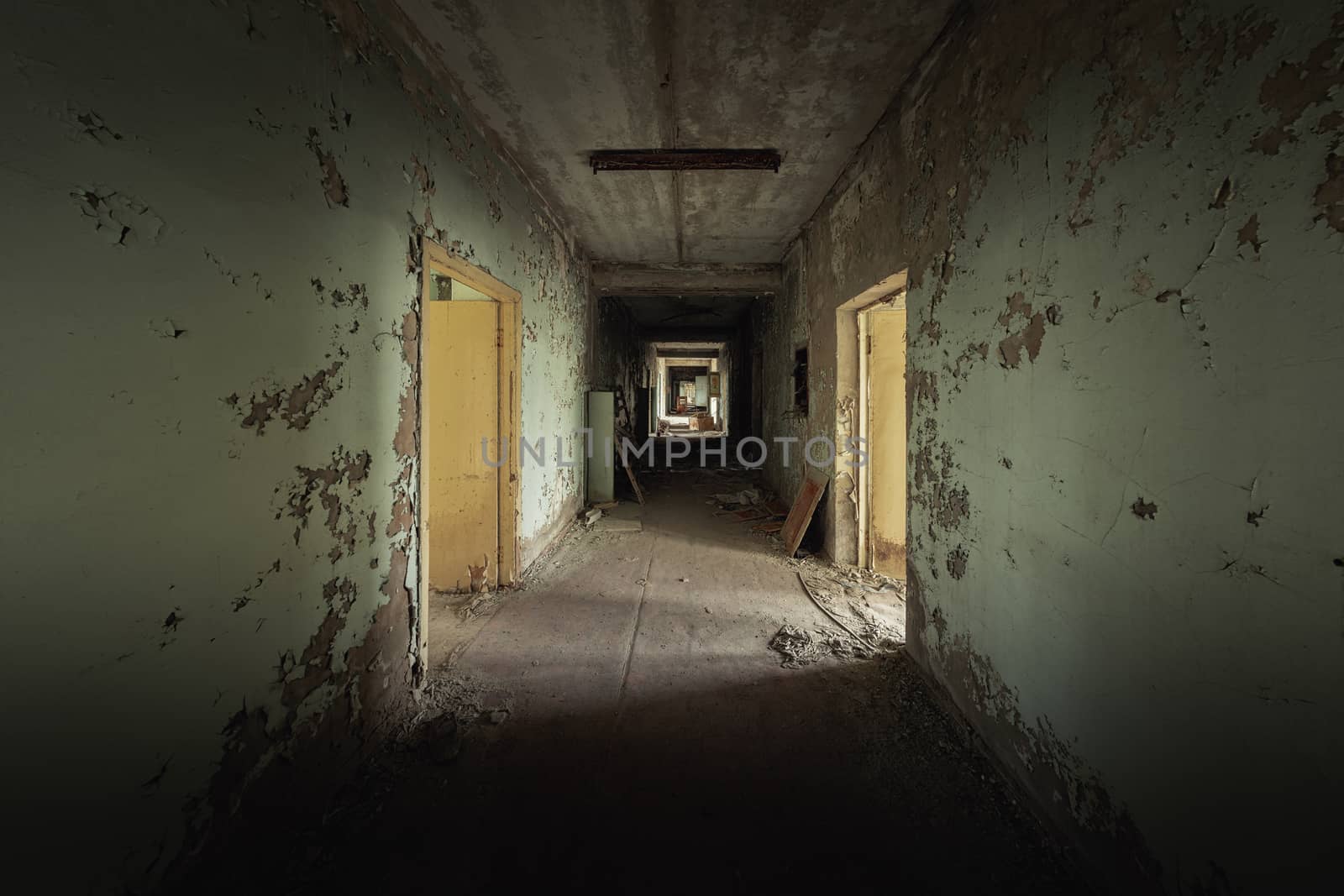 Abandoned corridor in Pripyat Hospital, Chernobyl Exclusion Zone 2019 angle shot