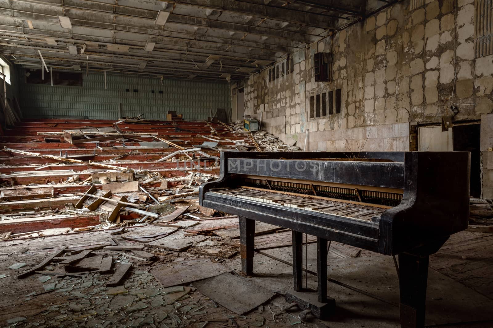 Large abandoned music hall in Pripyat, Chernobyl Exclusion Zone 2019 closeup