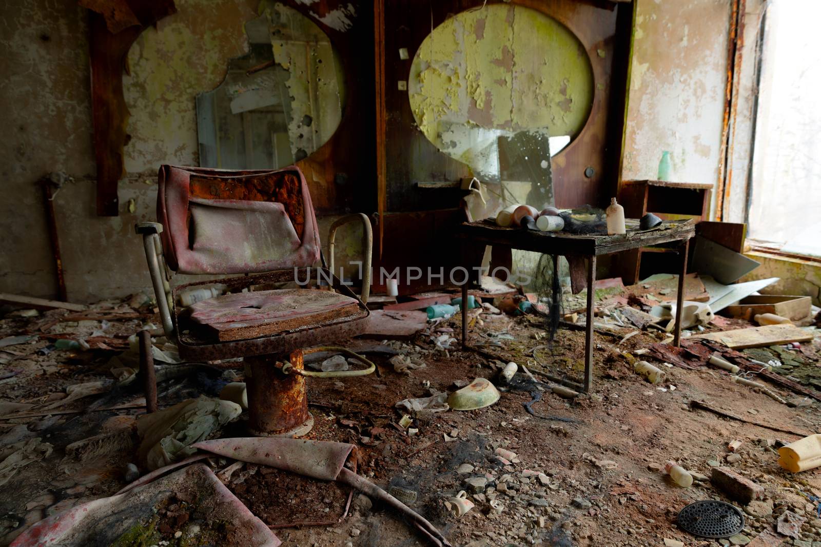 Abandoned Barber saloon in Pripyat, Chernobyl Exclusion Zone 2019 closeup