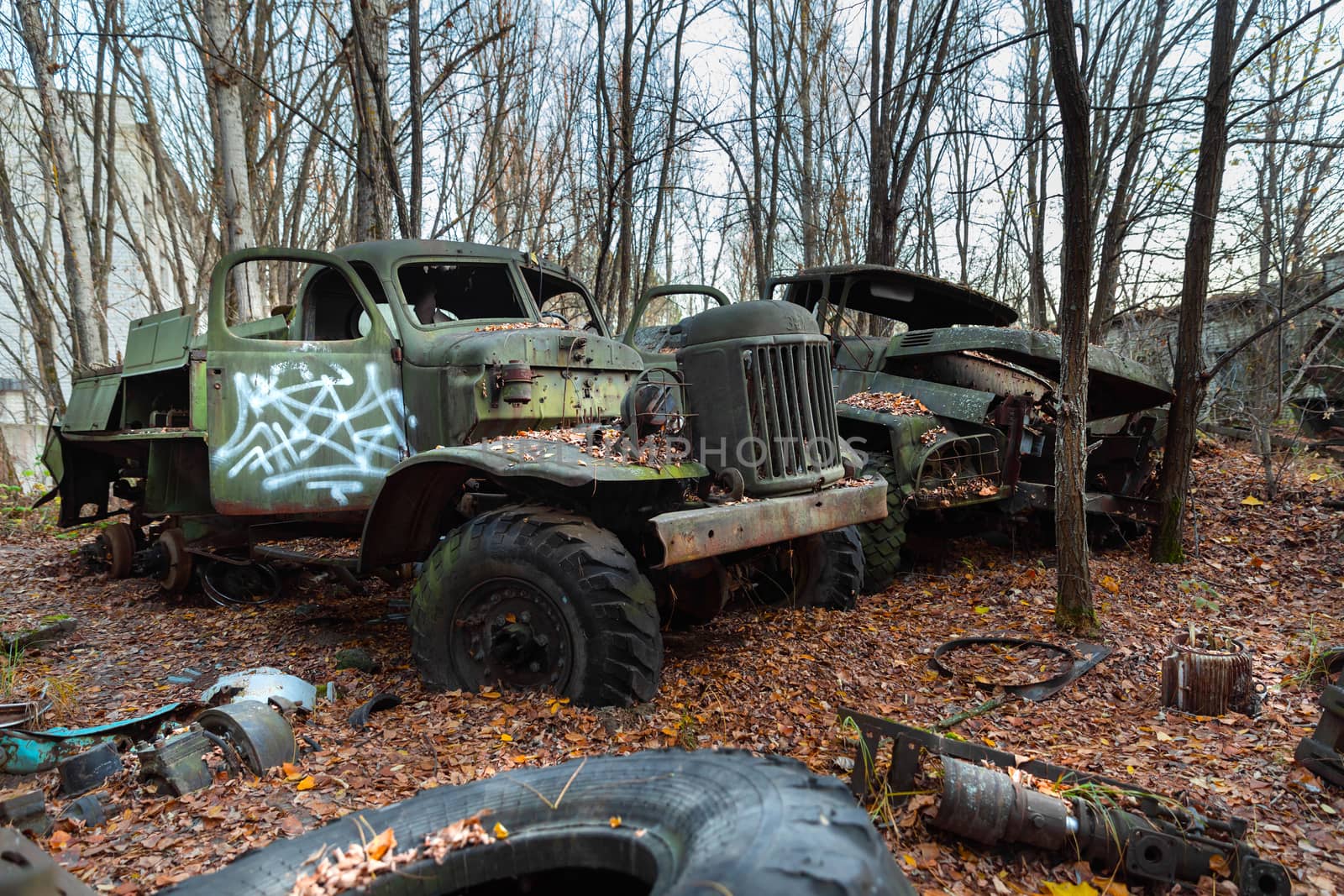 Abandoned truck left outside at Fire station closeup