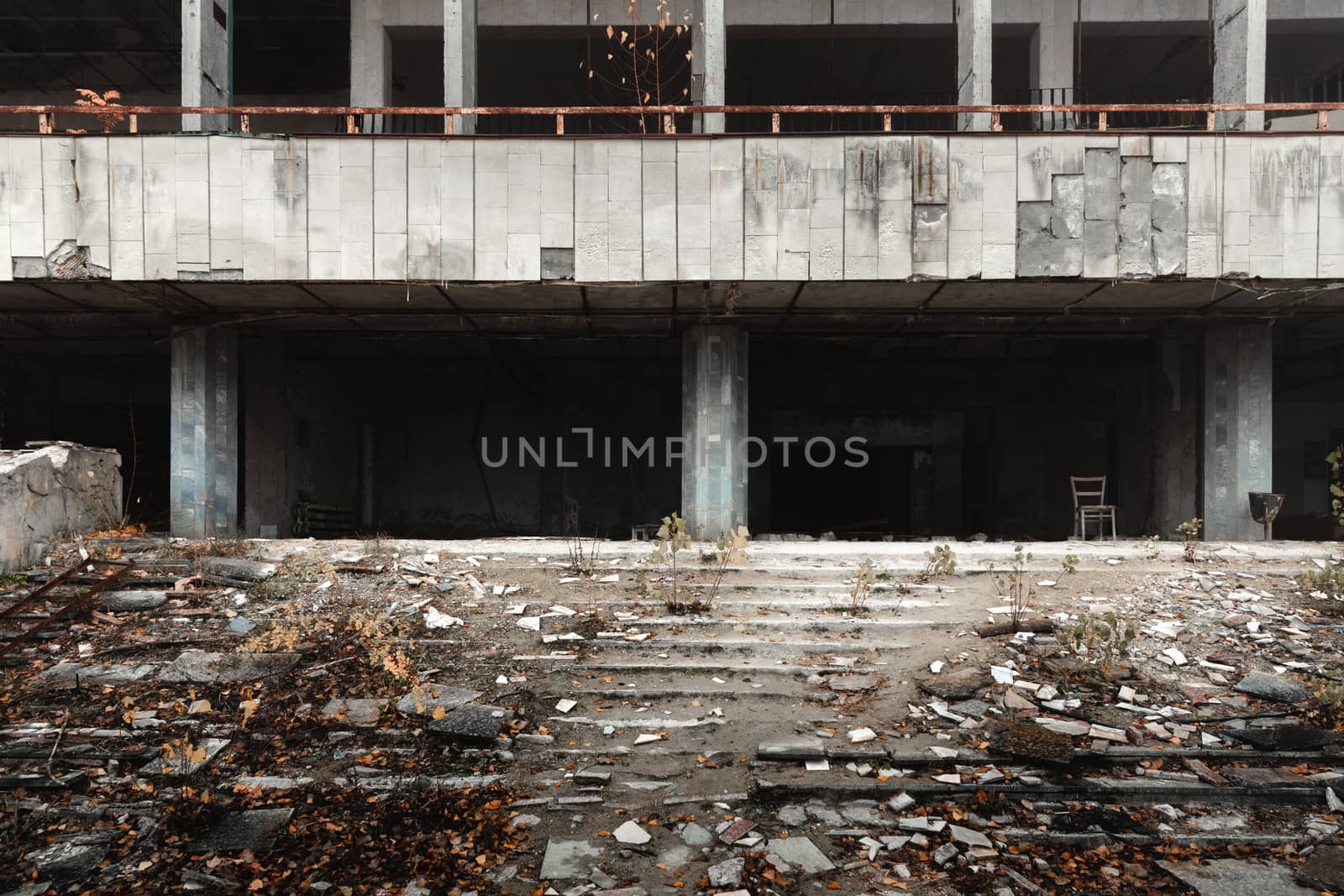 Abandoned building exterior in the city of Pripyat 2019 closeup