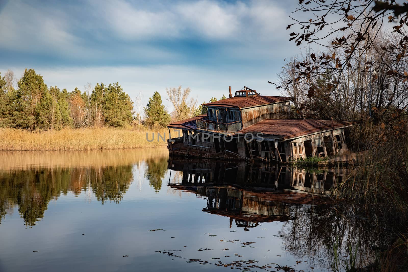 Damaged boathous at the swamps on Pripyat City
