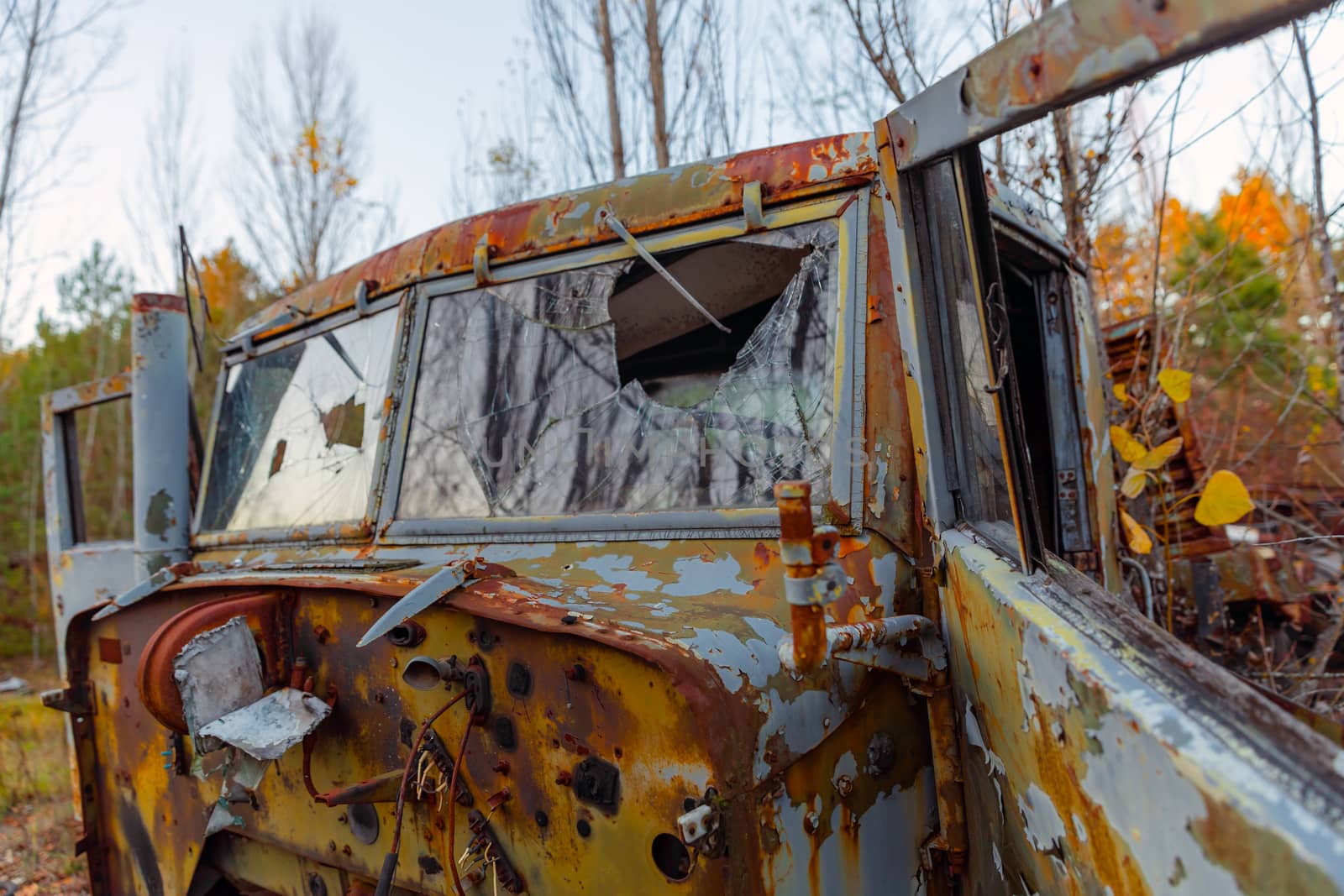Abandoned truck left outside at Chernobyl Fire station closeup