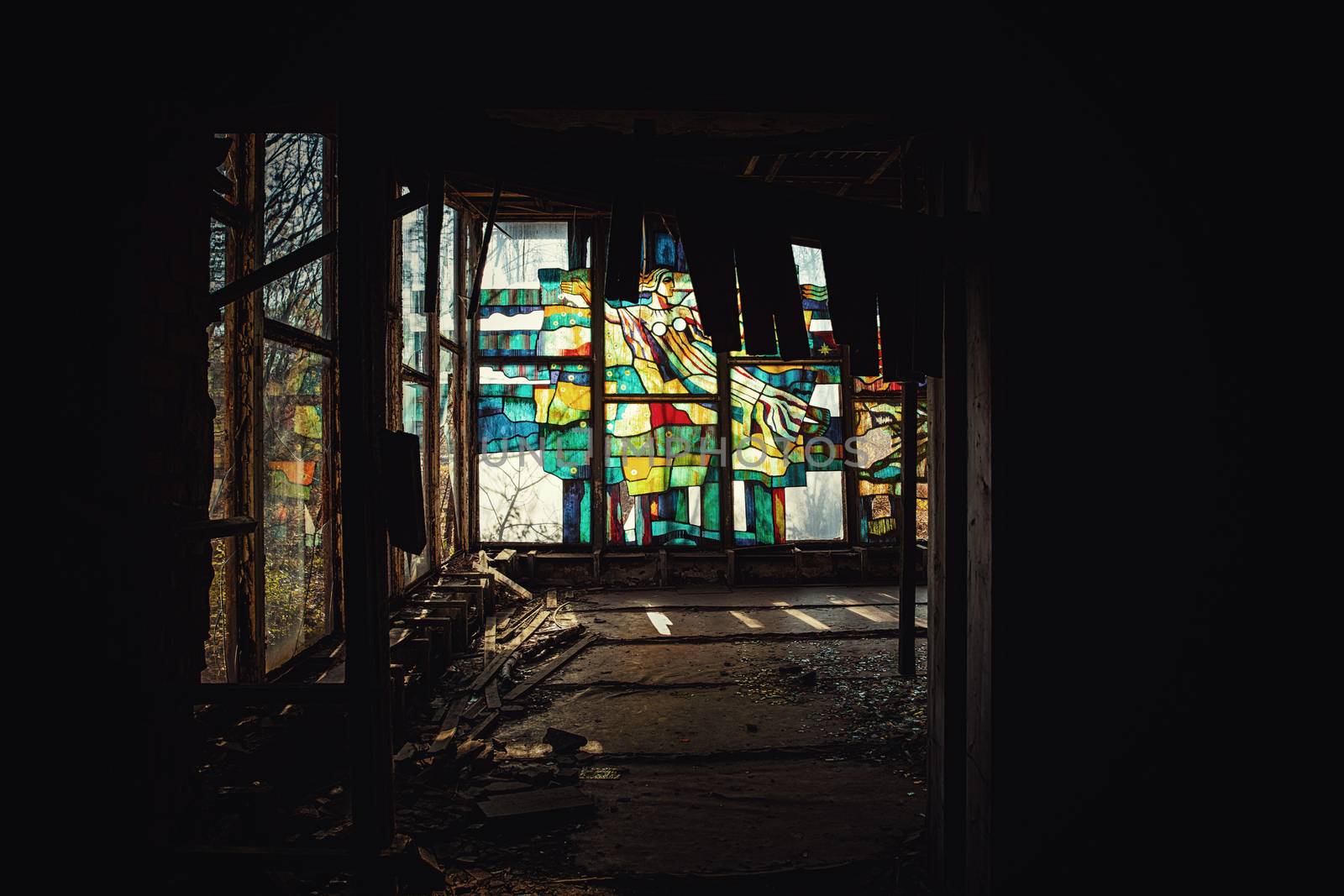 Large windows in Pripyat City, Chernobyl Exclusion Zone 2019 closeup