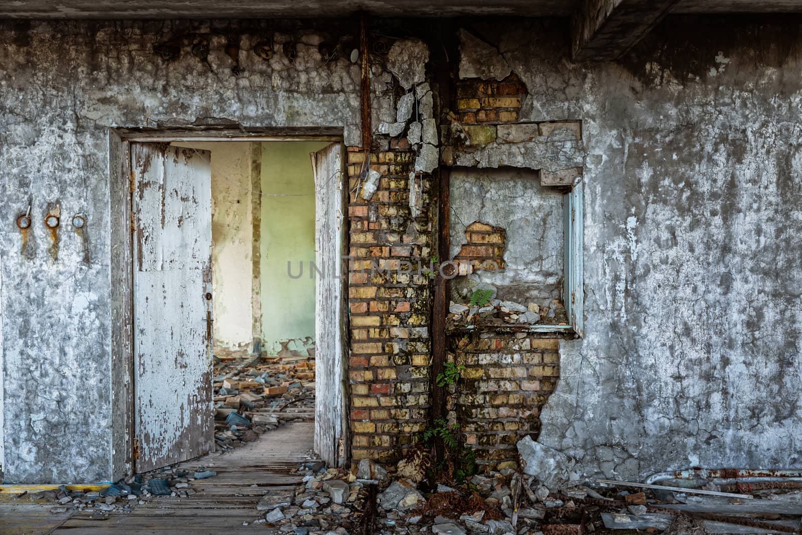 Abandoned damaged building wall closeup photo