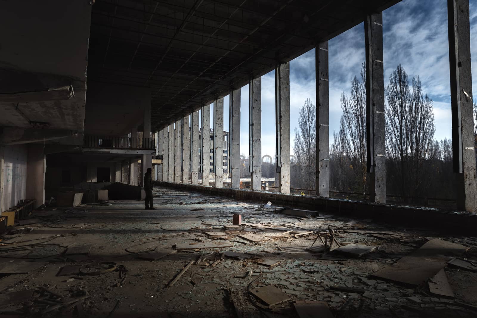 Large hall in Pripyat city center angle shot, Chernobyl Exclusion Zone 2019
