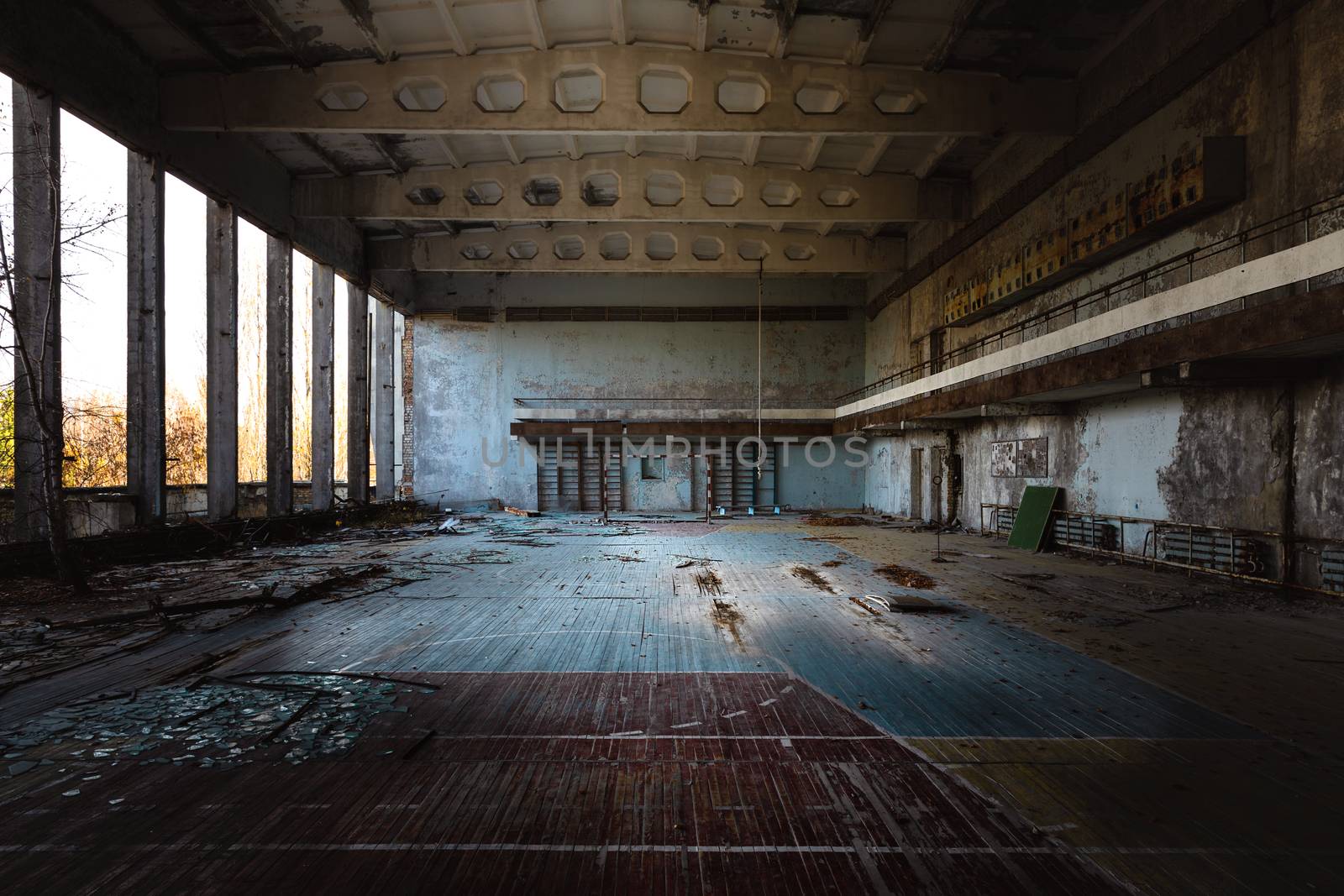 Abandoned sport room in Pripyat city, Chernobyl Exlusion Zone 2019 angle shot