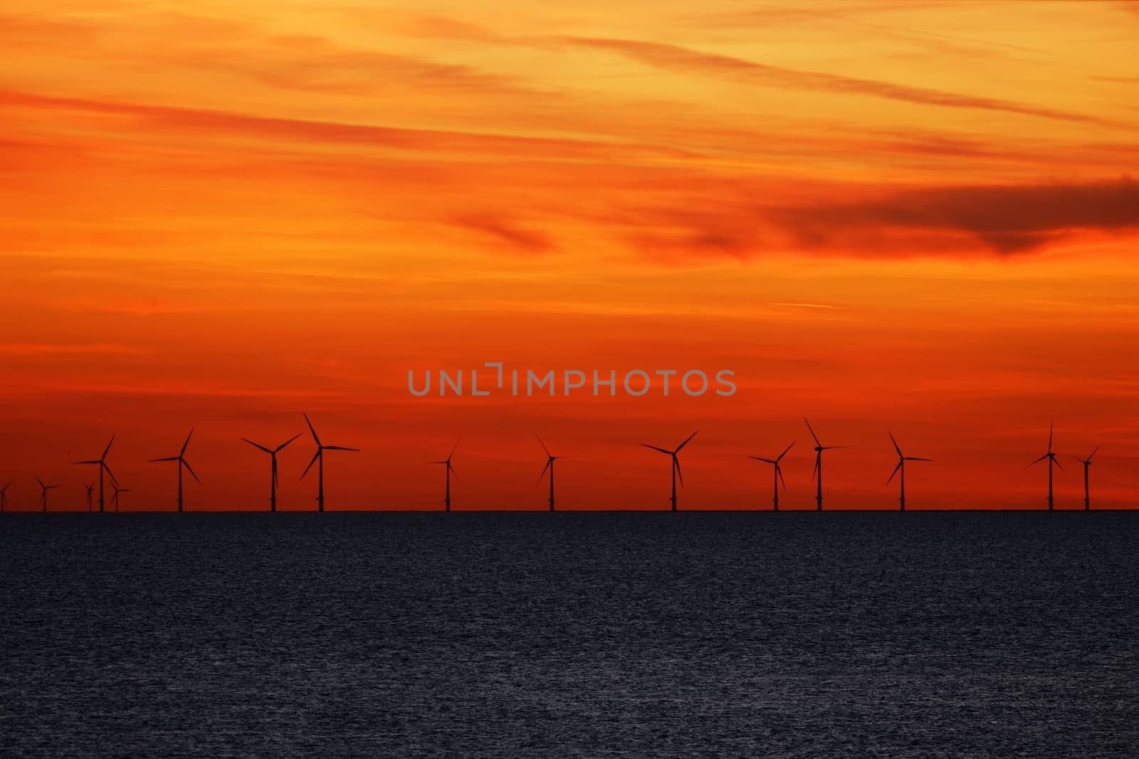 Windfarm on the sea at sunset by svedoliver