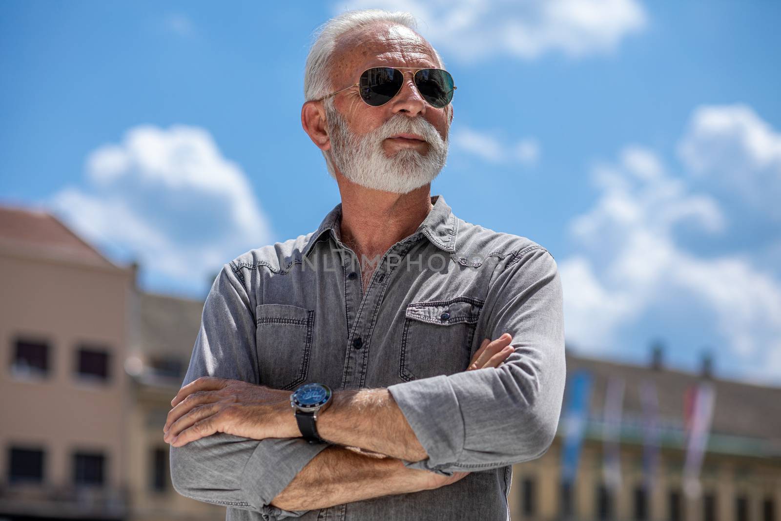 Experienced rich senior old man with beard and sunglass on street posing and smiling, portrait