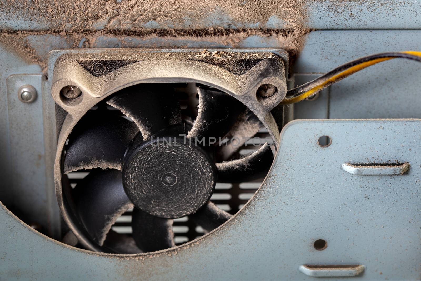 dusty pc electronic hardware closeup with selective focus.
