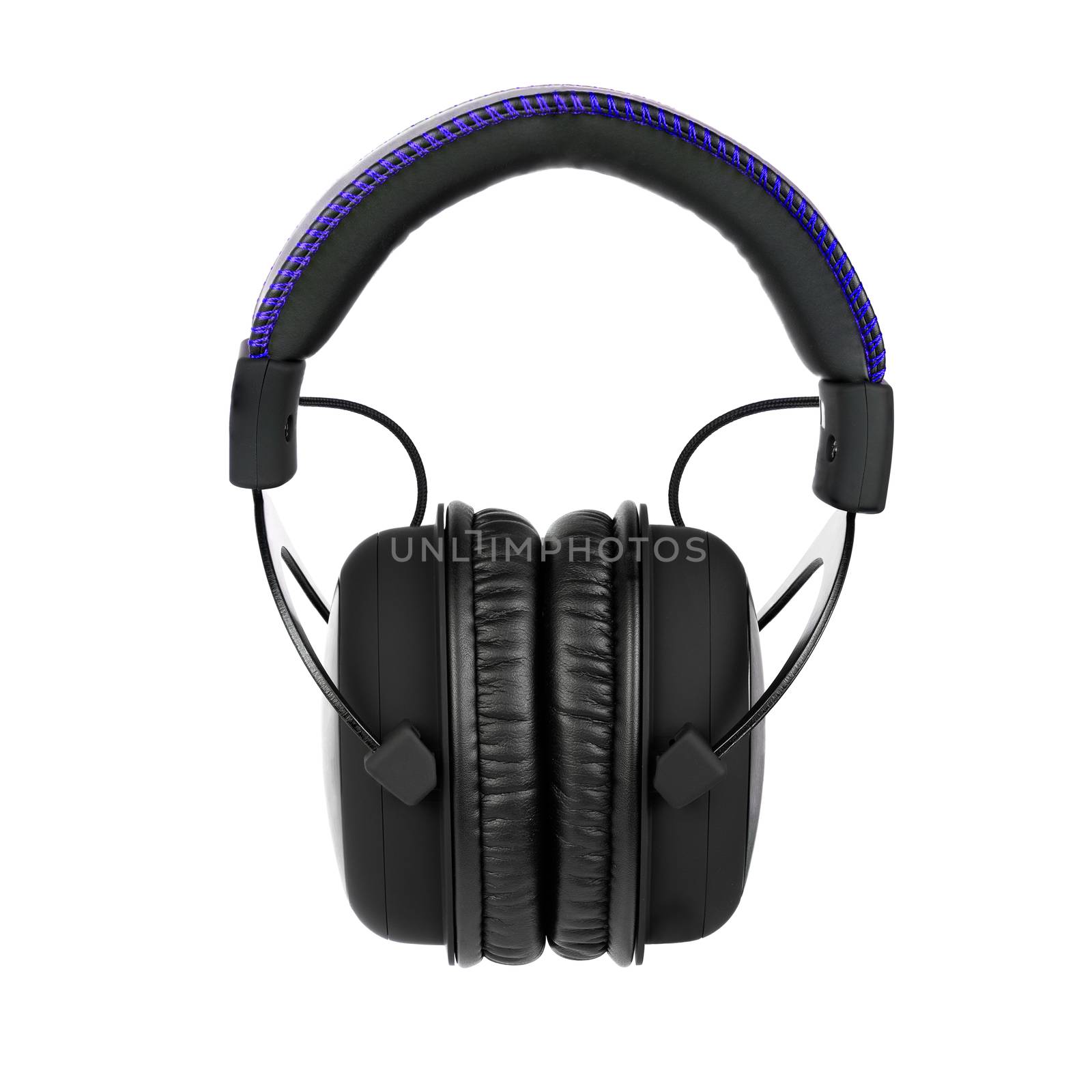 close view of wireless black gaming headphones isolated on white background.