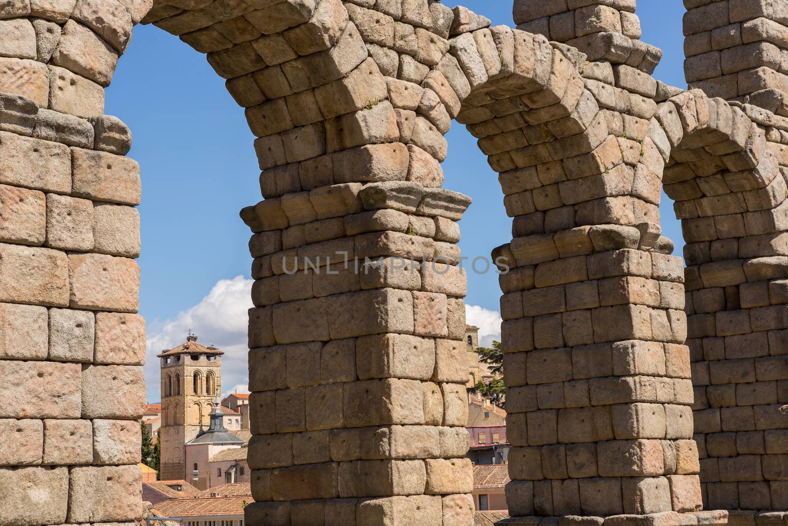 Detail of the Roman Aqueduct, the famous landmark of Segovia, Spain