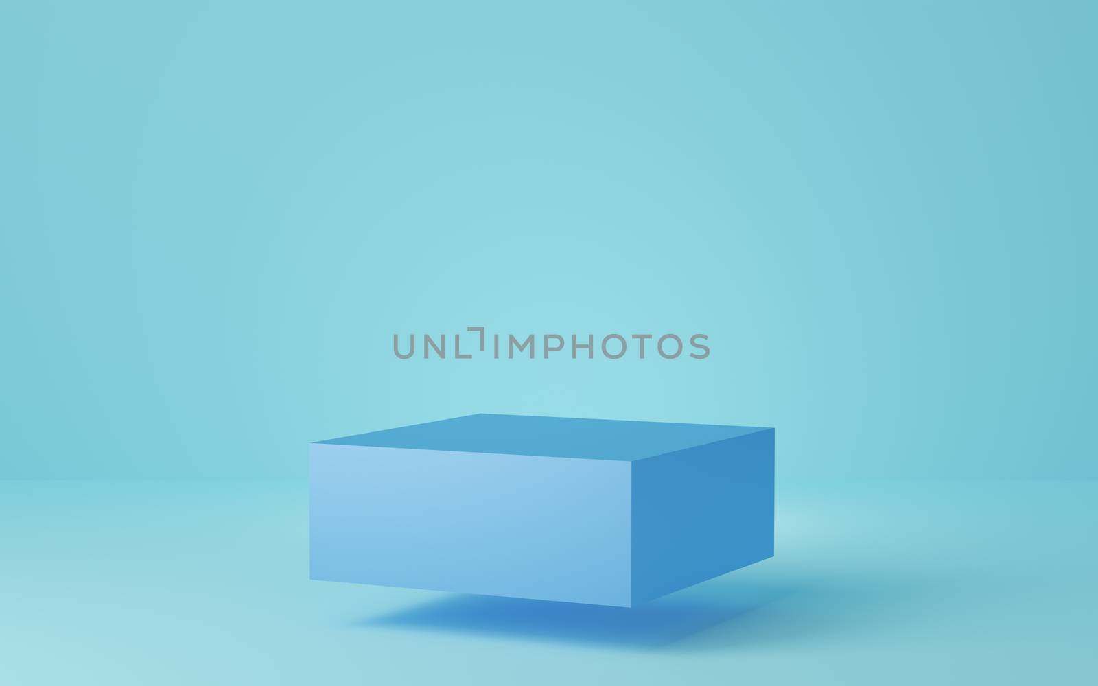 Empty blue cube podium floating on blue background. Abstract minimal studio 3d geometric shape object. Mockup space for display of product design. 3d rendering.
