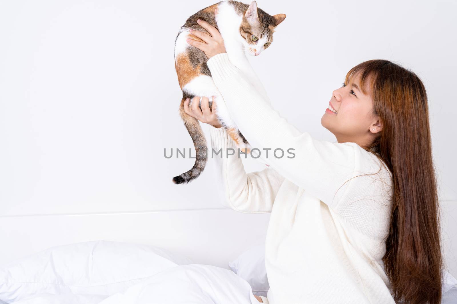 Woman at home holding her lovely fluffy cat. Multicolor tabby cute kitten. Pets and lifestyle concept. by mikesaran