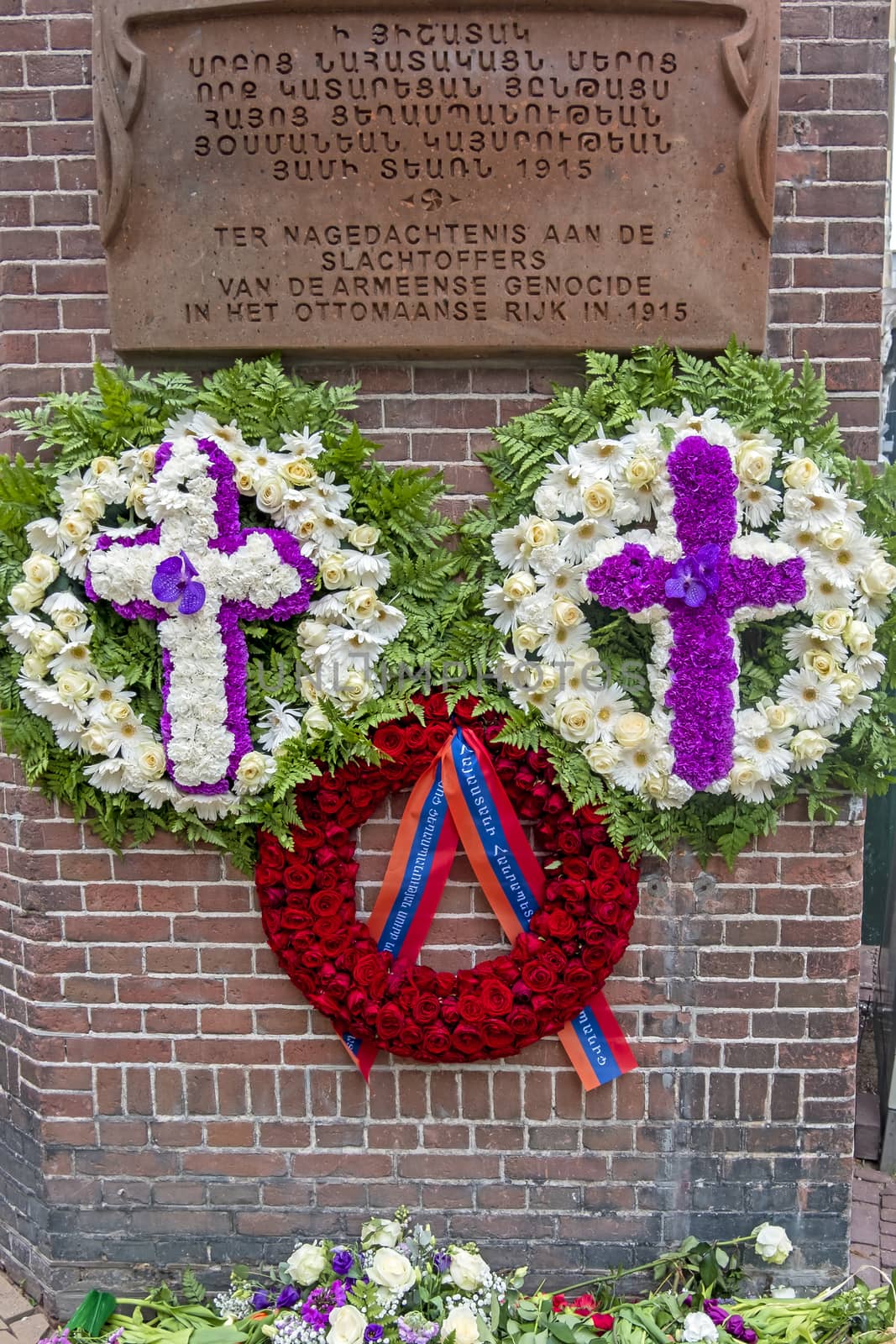 Amsterdam, Netherlands - April 25,2020:Wreaths in memorial of the victims of the Armenian Genocide in the Ottoman Empire, 1915