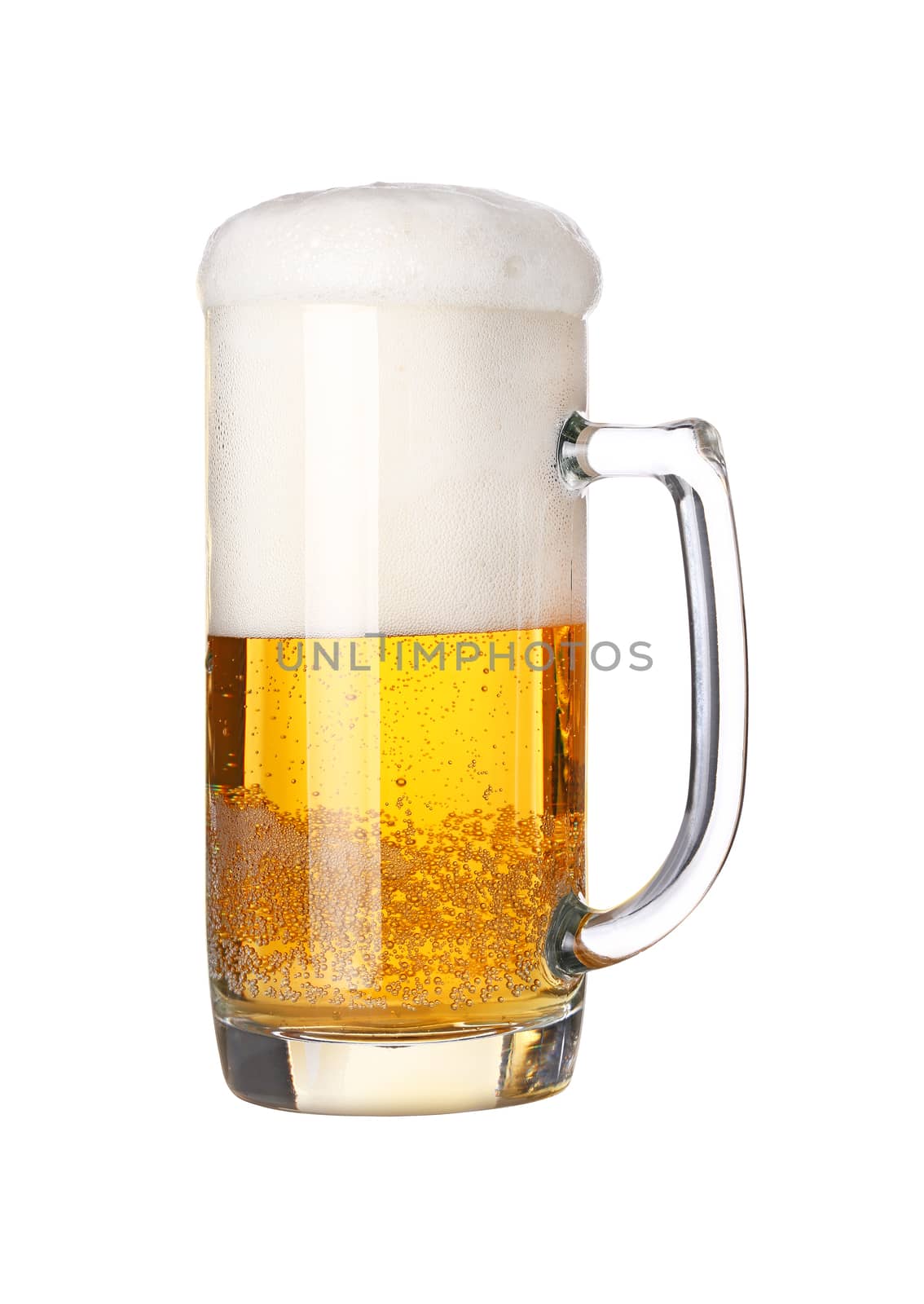 Close up one full glass mug of lager beer with froth and bubbles isolated on white background, low angle side view