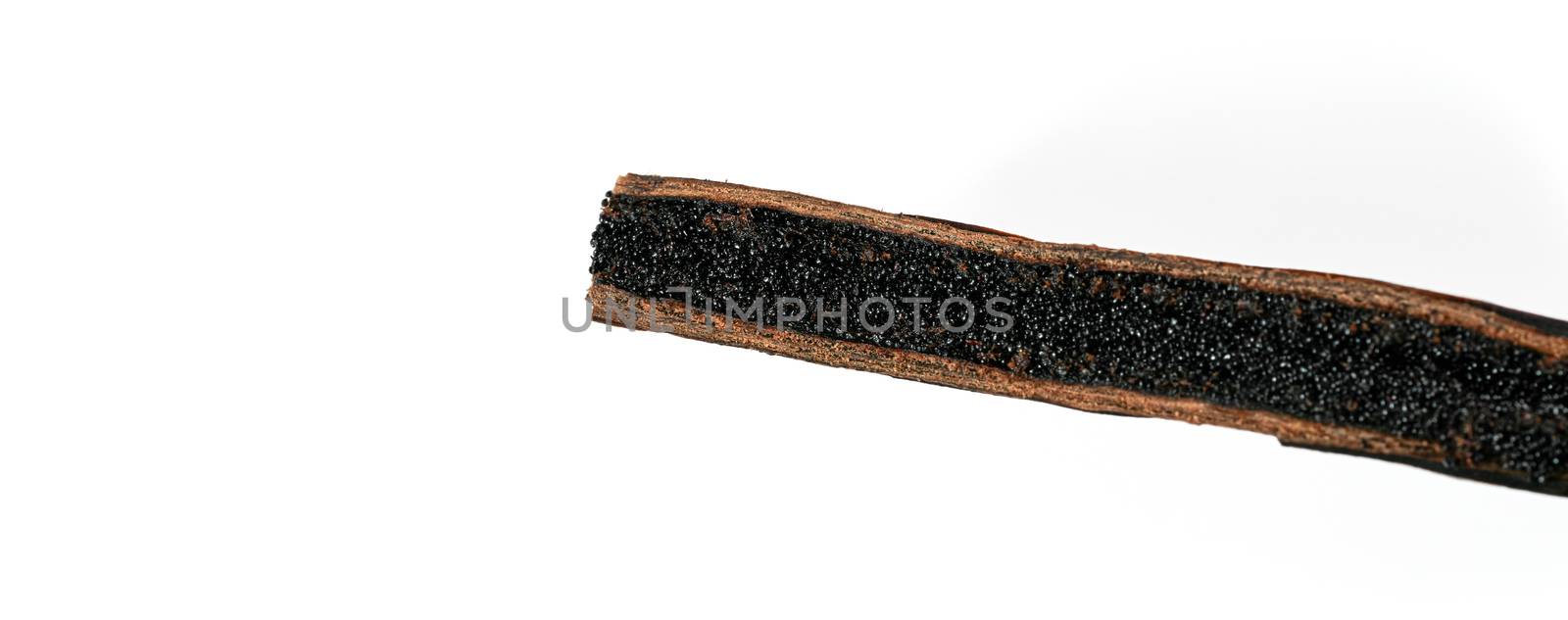 Vanilla pod cut with knife, aromatic seeds visible, closeup detail photo isolated on white background by Ivanko